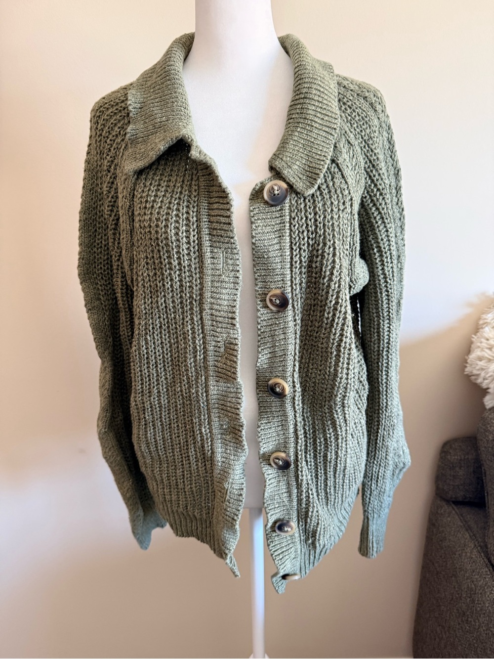 Garnet Hill Olive Green linen/cotton blend Cardigan Sweater costal minimalist